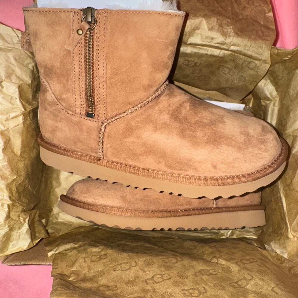 Brand new in box. UGG Tan Suede Ankle Boots, zipper on both sides.